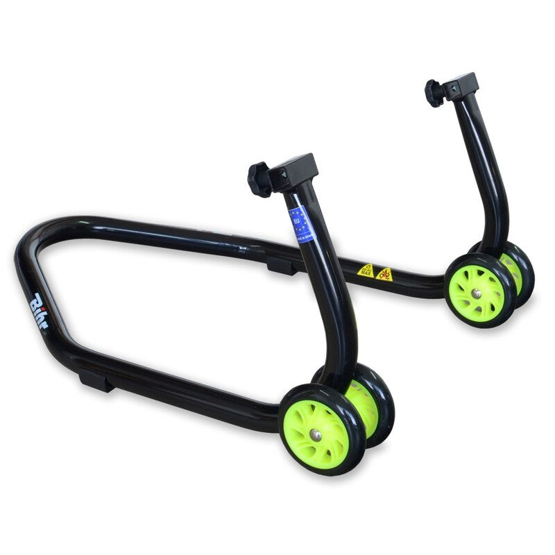 Caballete trasero universal Bihr. Color negro y ruedas fluor