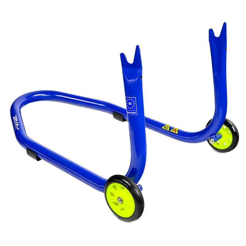 Caballete trasero moto BIHR con soportes en V para diábolos  - Azul y amarillo
