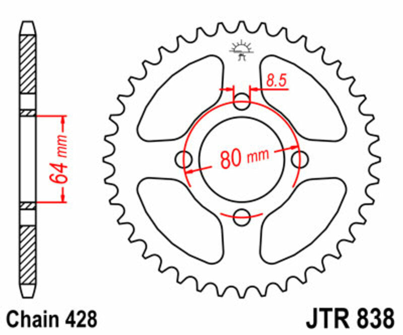 Corona JT SPROCKETS acero estándar 838 - Paso 428