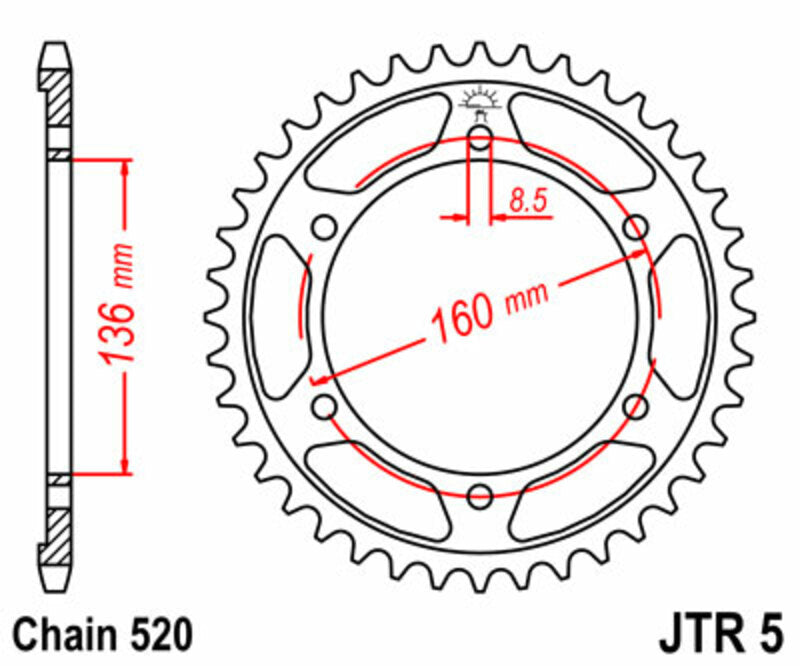 Corona JT SPROCKETS acero estándar 5 - Paso 520